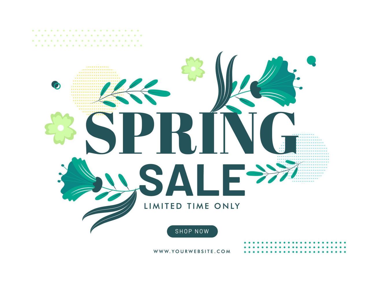 Spring Sale Poster Design with Green Flowers and Leaves on White Background. vector