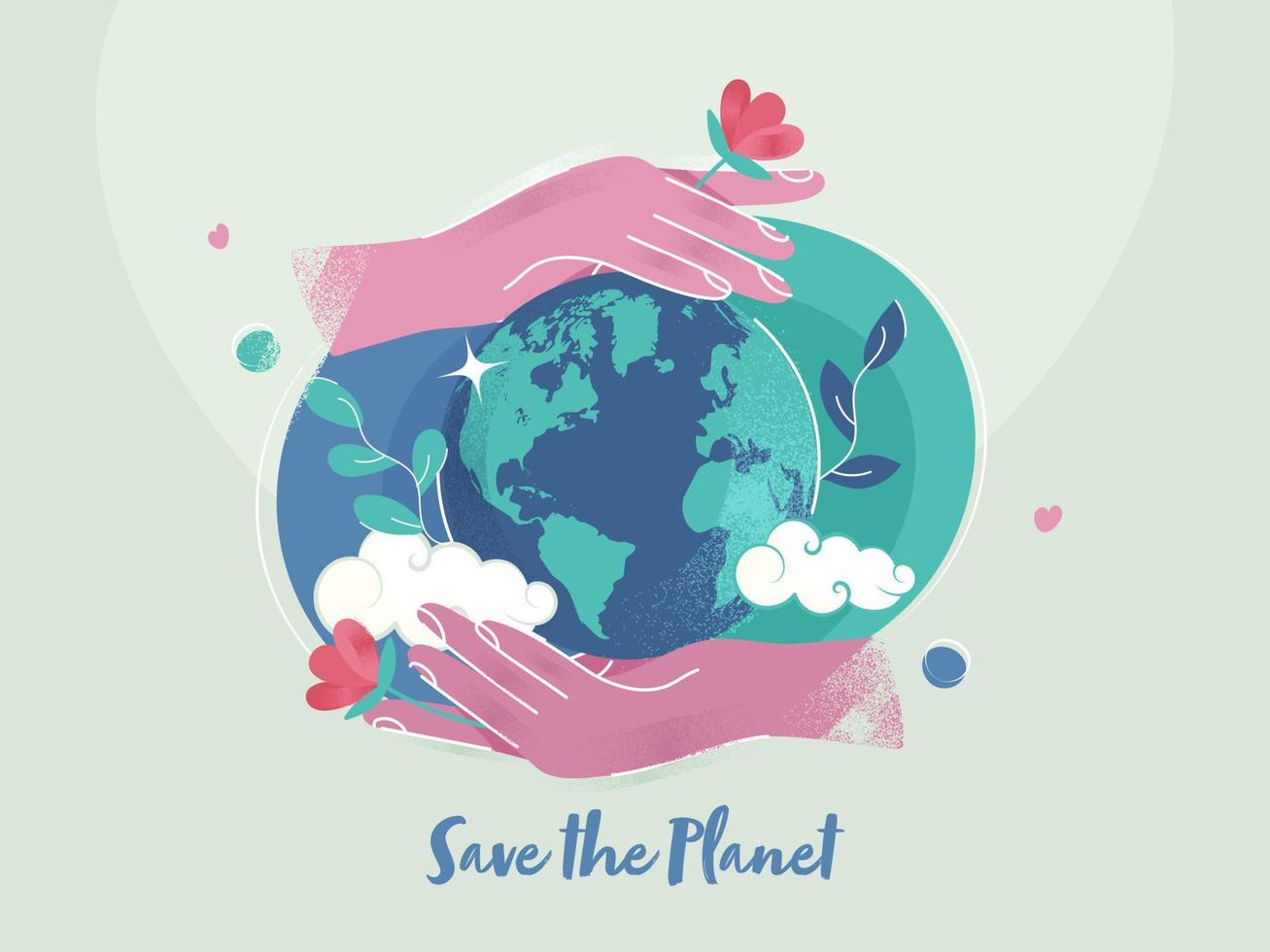 Illustration of Two Hands Protecting Earth Globe with Noise Effect on Light Green Background for Save The Planet Concept. vector