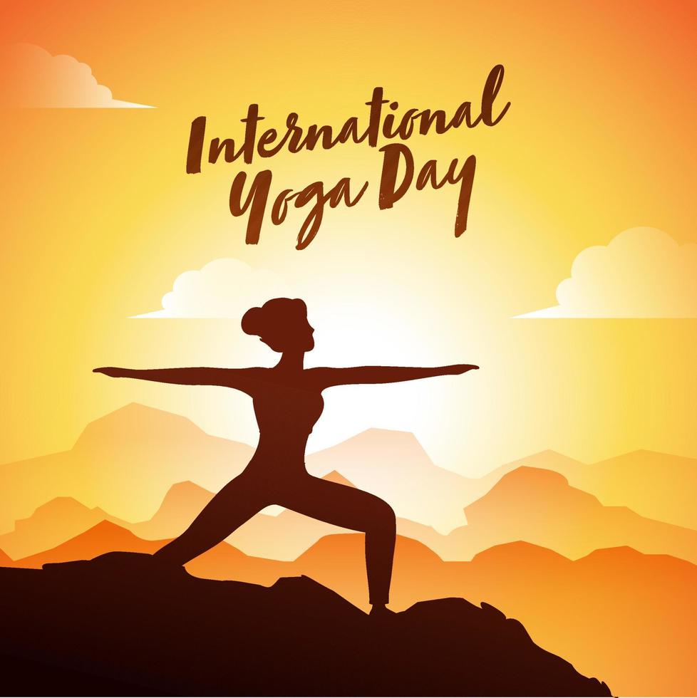 Silhouette of Young Woman Practicing Virabhadrasana Pose At Sunrise on Mountain View for International Yoga Day. vector