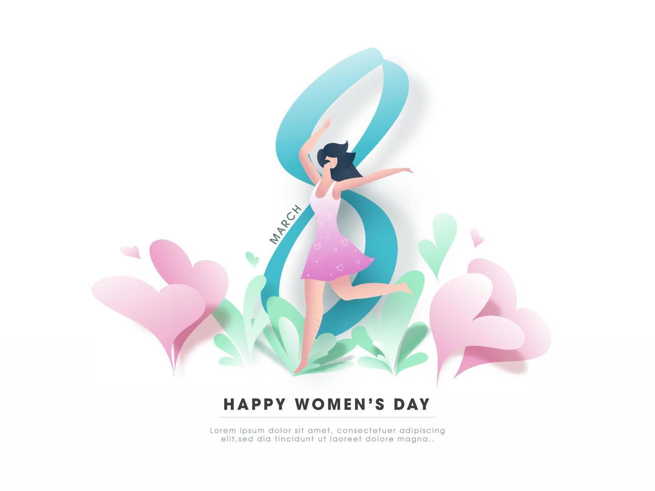 8 marzo, contento De las mujeres día texto con moderno dibujos animados joven niña bailando y papel corazones en blanco antecedentes. vector