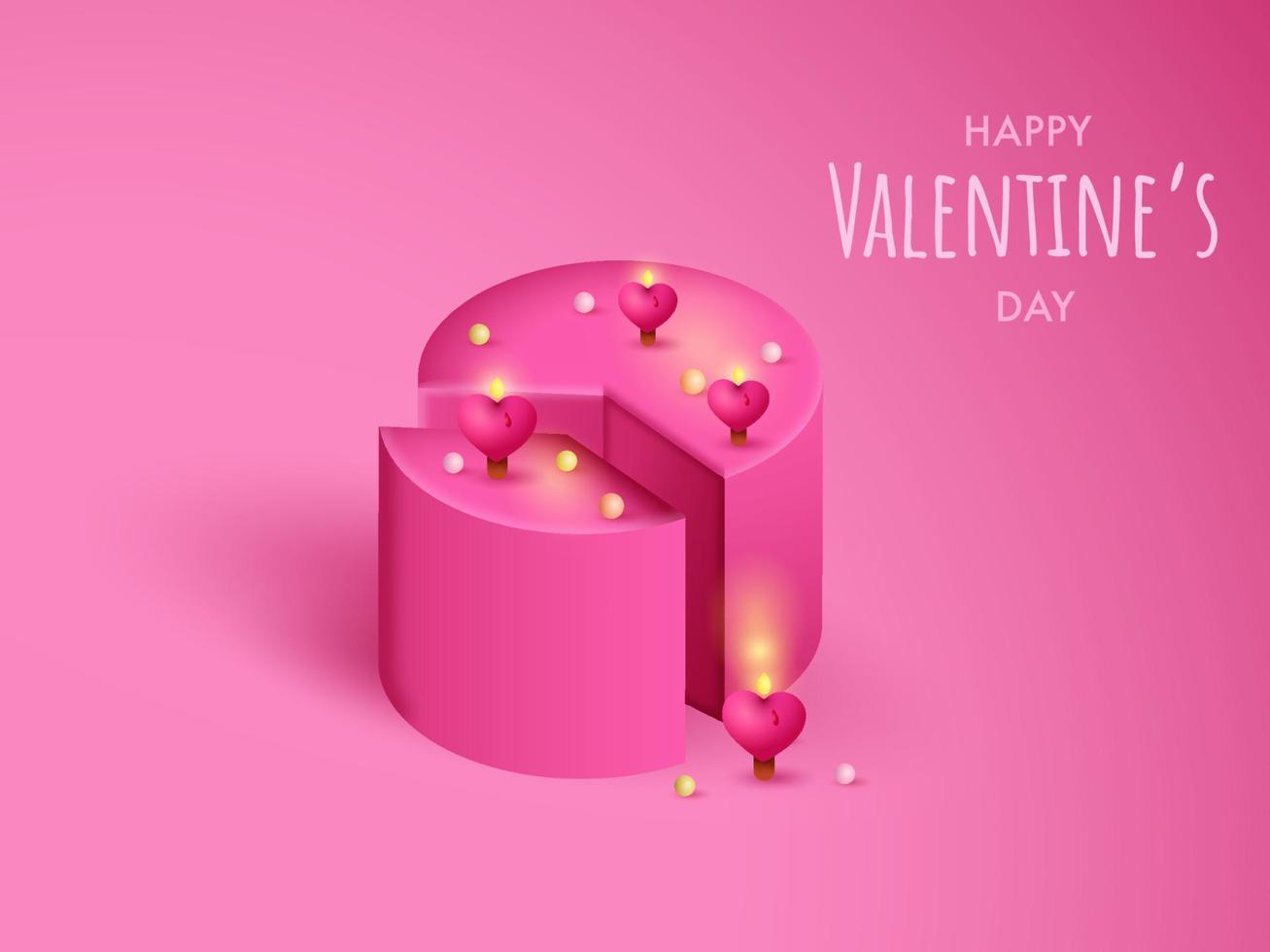 3D Pink Cake Decorated With Illuminated Heart Candles On The Occasion Of Happy Valentine's Day. vector