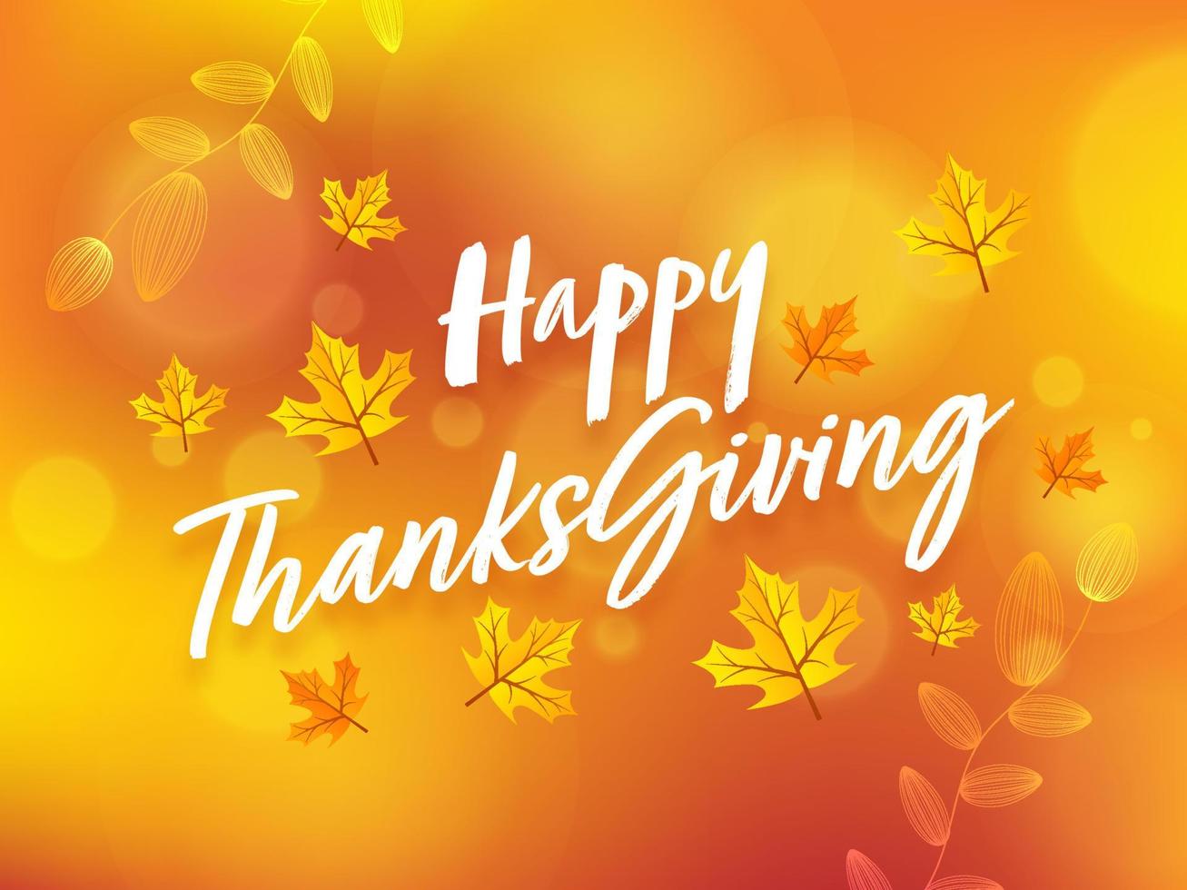 Happy Thanksgiving Font with Autumn Leaves on Orange Blurred Background. vector