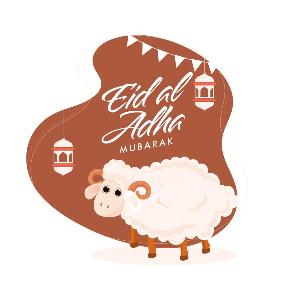 Eid Al Adha Mubarak Concept with Cartoon Sheep and Hanging Lanterns on Abstract Brown Background. vector