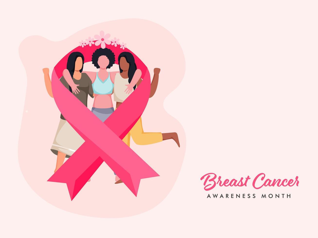 Breast Cancer Ribbon with Faceless Young Girls Hugging Together on Pastel Pink Background for Awareness Month. vector