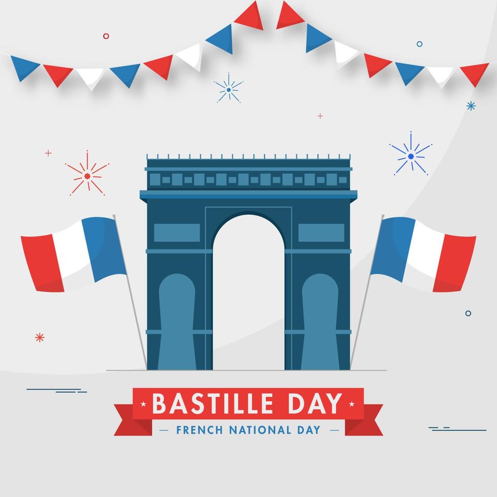 Illustration of Arc De Triomphe Monument with Wavy France Flags on Grey Background for Bastille Day, French International Day. vector