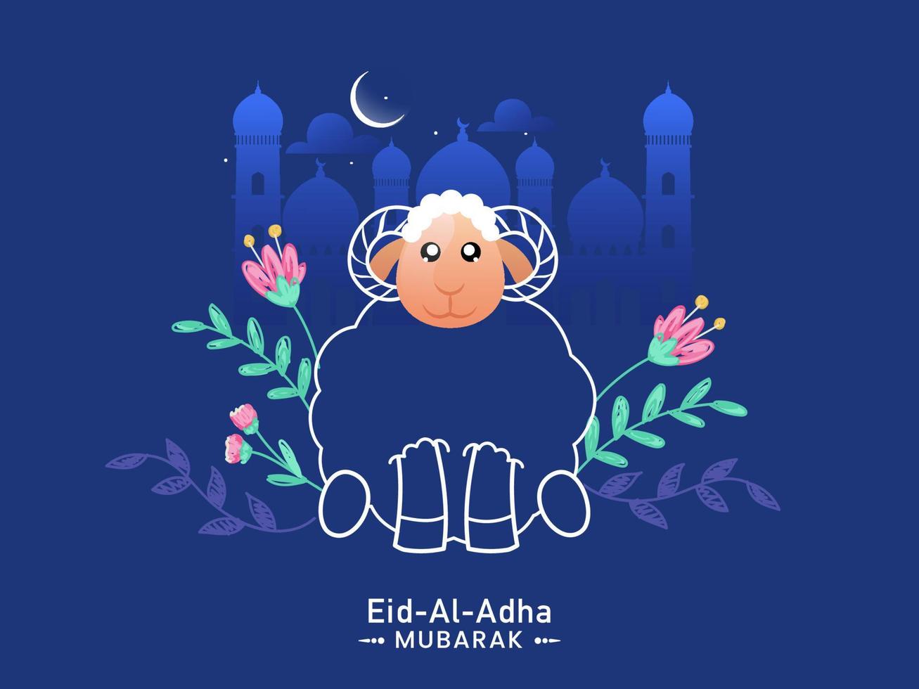 Creative Cartoon Sheep with Hibiscus Flowers, Leaves and Crescent Moon on Blue Mosque Background for Eid-Al-Adha Mubarak. vector