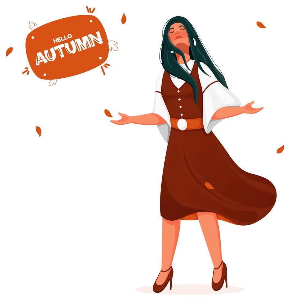 Young Girl Enjoying Autumn Season with Falling Leaves on White Background. vector