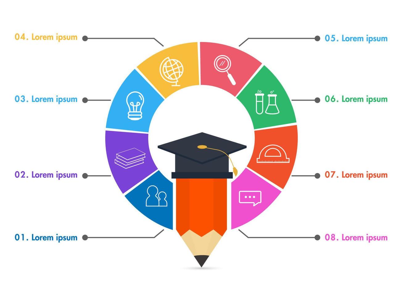 Presentation Education Infographic Icons with Pencil Wearing Graduation Cap on White Background. vector