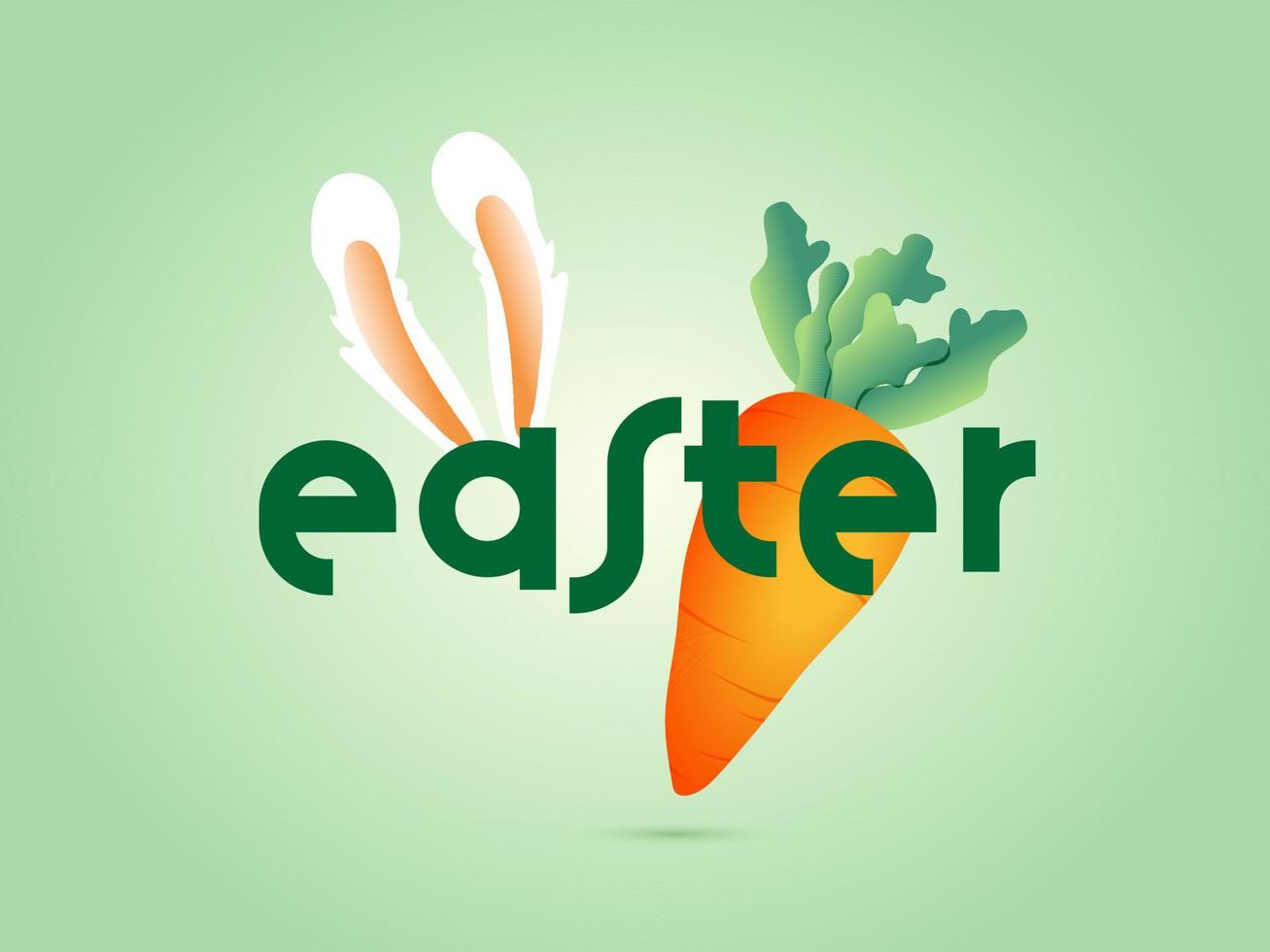 Easter Text with Carrot and Bunny Ear on Glossy Green Background. vector