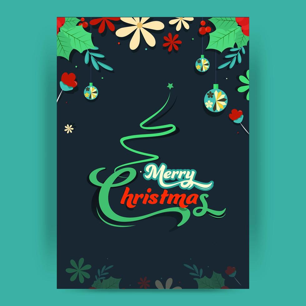 alegre Navidad fuente con creativo Navidad árbol, flores, hojas y colgando adornos decorado verde azulado antecedentes. vector