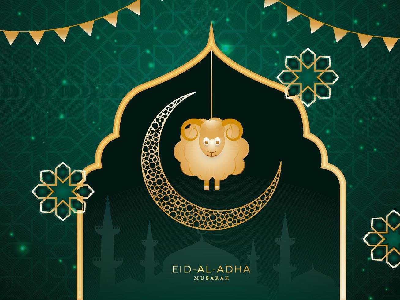 Golden Crescent Moon with Hanging Paper Cartoon Sheep and Mandala on Green Light Effect Arabic Pattern Background for Eid-Al-Adha Mubarak. vector