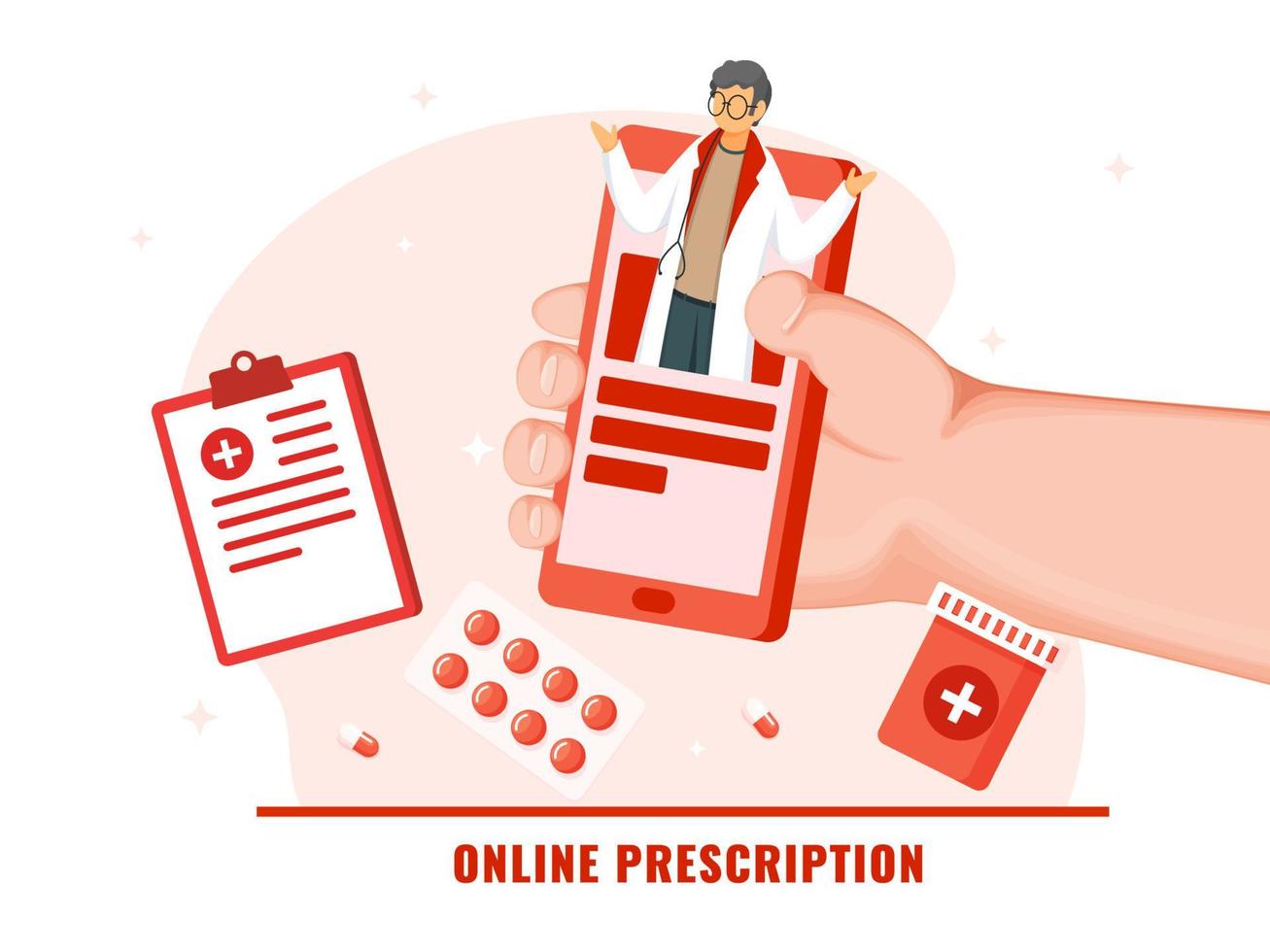 Hand Holding Smartphone With Doctor Man, Clipboard And Medicines On White And Pink Background For Online Prescription. vector