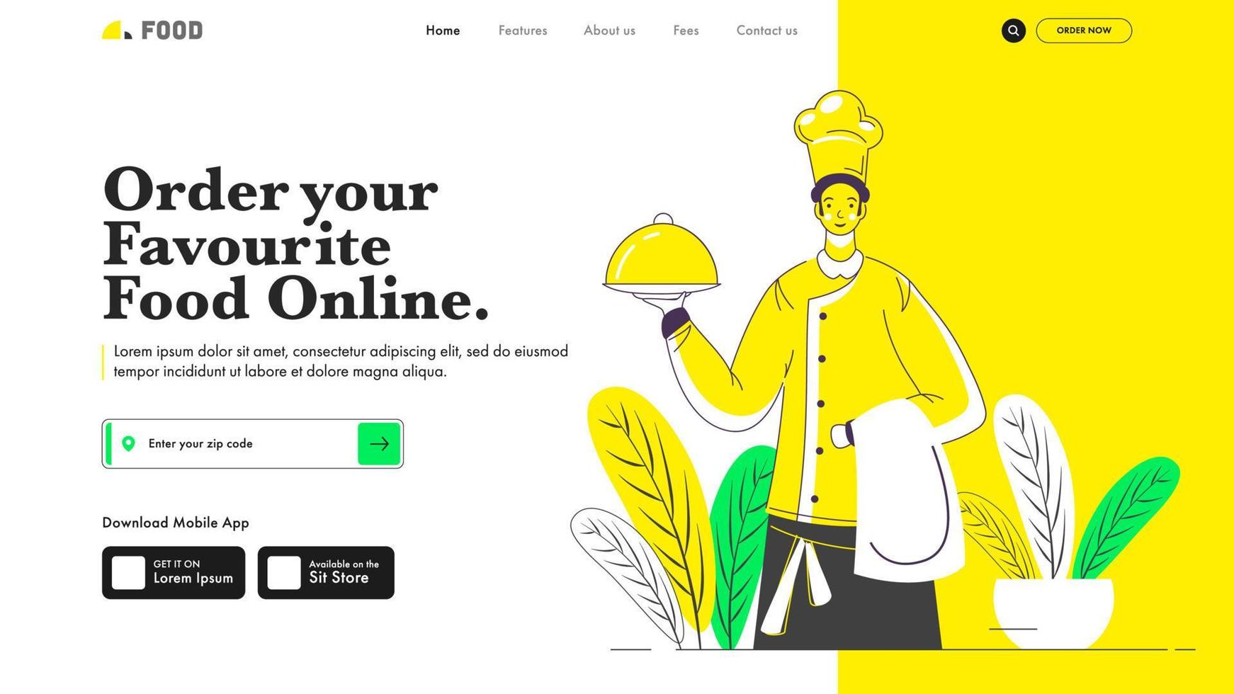 sensible aterrizaje página diseño con cocinero participación campana de cristal para orden tu favorito comida en línea. vector