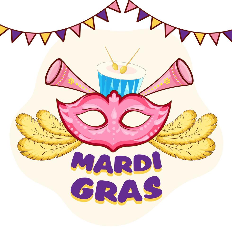 Mardi Gras Celebration Concept with Party Mask, Feather, Music Instrument and Bunting Flag Decorated on White Background. vector