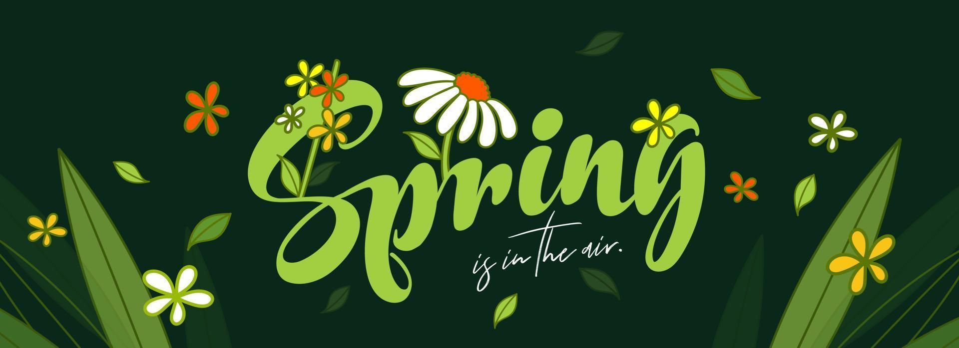 caligrafía primavera es en el aire texto con flores y hojas decorado en verde antecedentes. encabezamiento o bandera diseño. vector