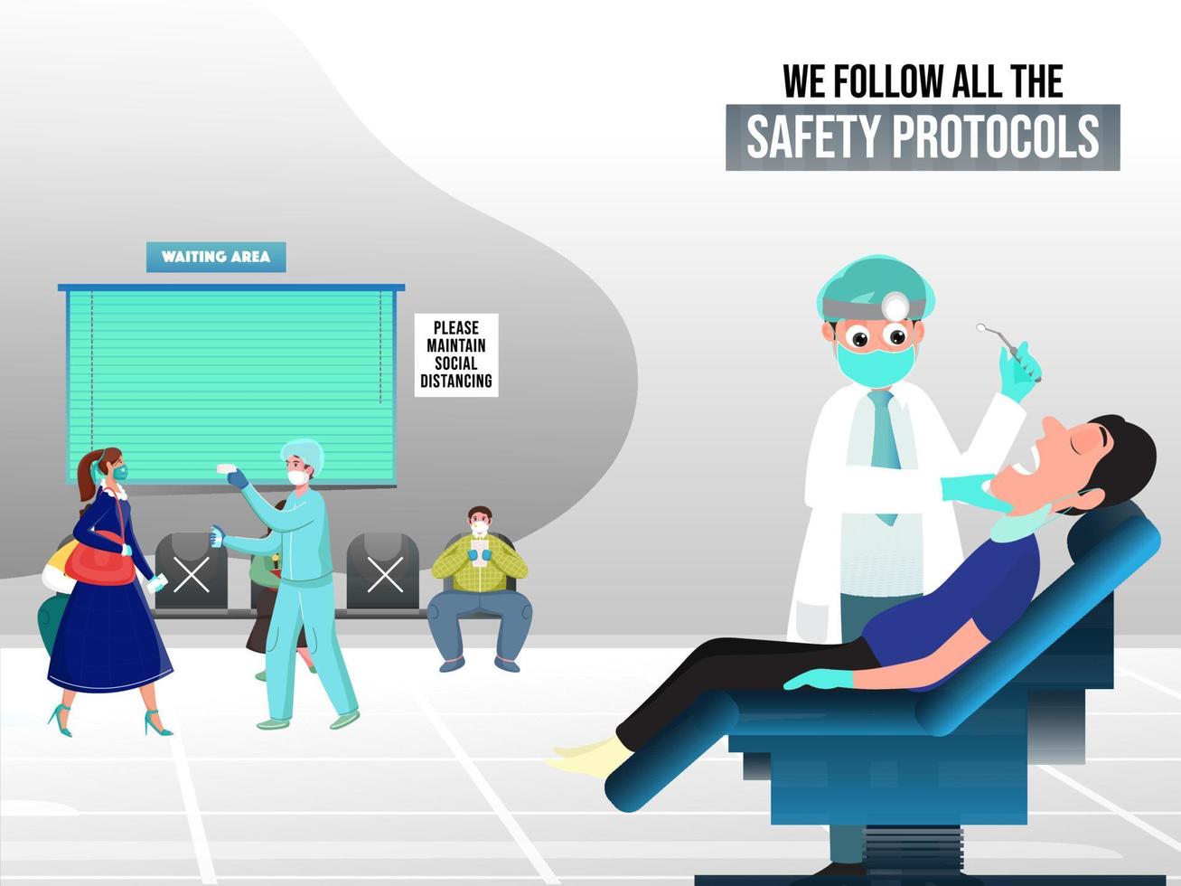 Social Distancing in New Normal Hospital or Dental Care Concept Based Poster Design for We Follow All The Safety Protocols. vector