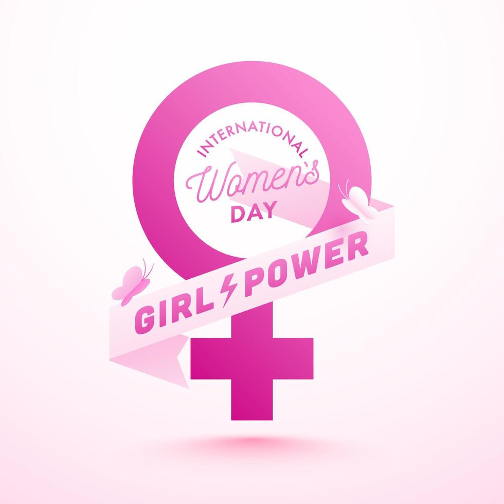 Pink Paper Female Gender Sign with Butterflies and Girl Power Text in Ribbon for International Women's Day Celebration Concept. vector