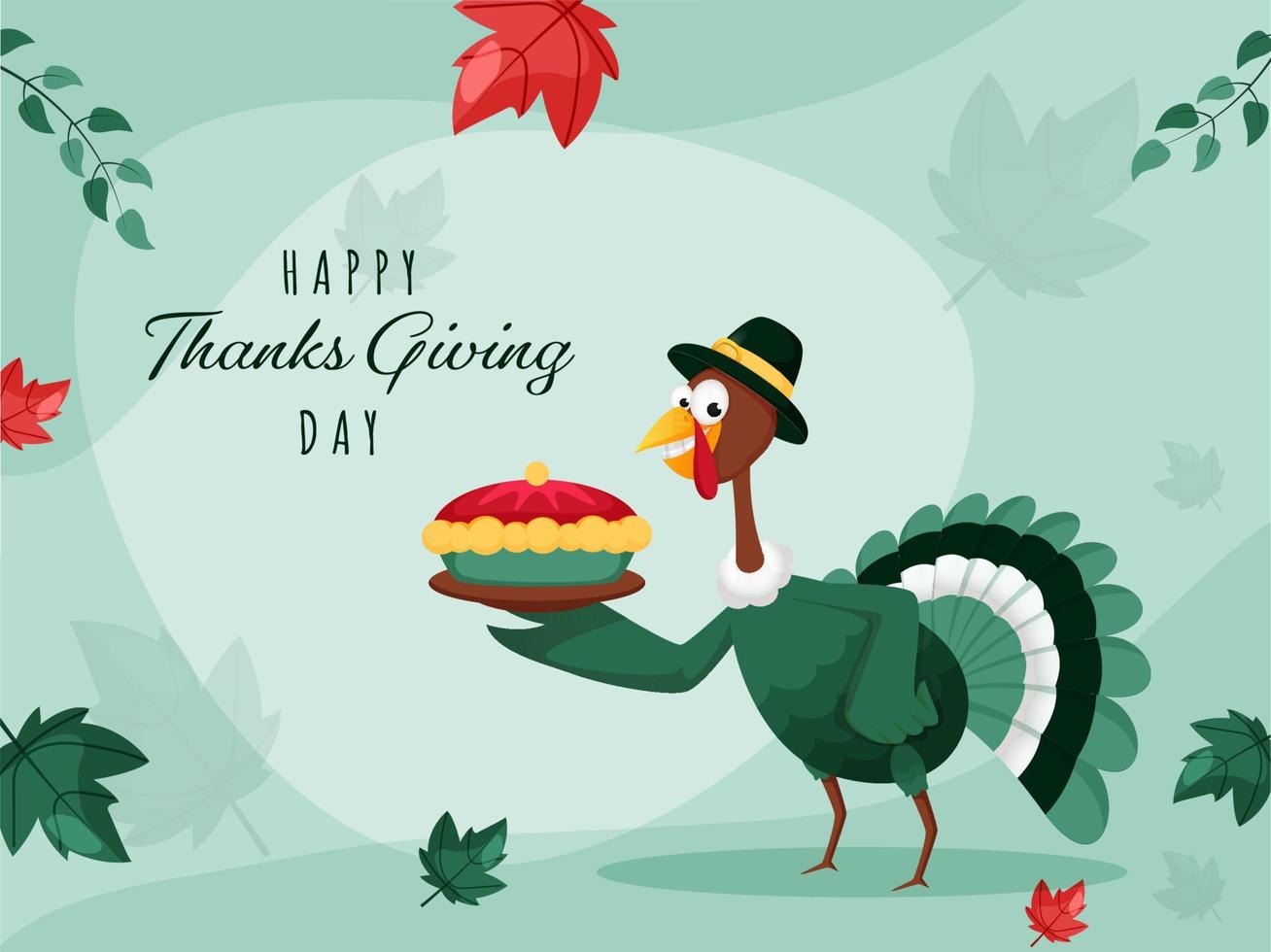 Cartoon Turkey Bird Holding Pie Cake with Autumn Leaves Decorated on Green Background for Happy Thanksgiving Day. vector