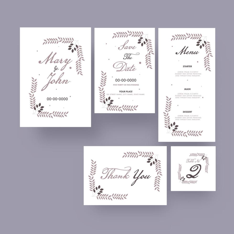 Wedding Invitation Set Like As Save The Date, Menu, Thank You and Table Number Card. vector