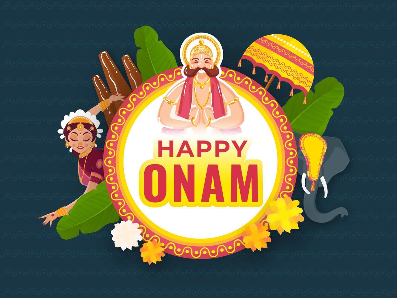 pegatina estilo contento onam texto en circular marco con Rey Mahabali haciendo namasté, trikkakara appan ídolo, plátano hojas, elefante y flores vector