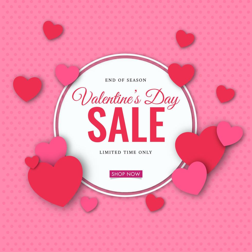 Valentine's Day Sale Poster Design with Hearts Decorated on Pink Dotted Background. vector