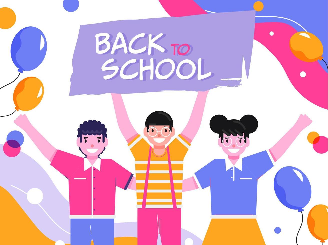 Back To School Text with Cheerful Student Kids and Balloons on Abstract Background. vector