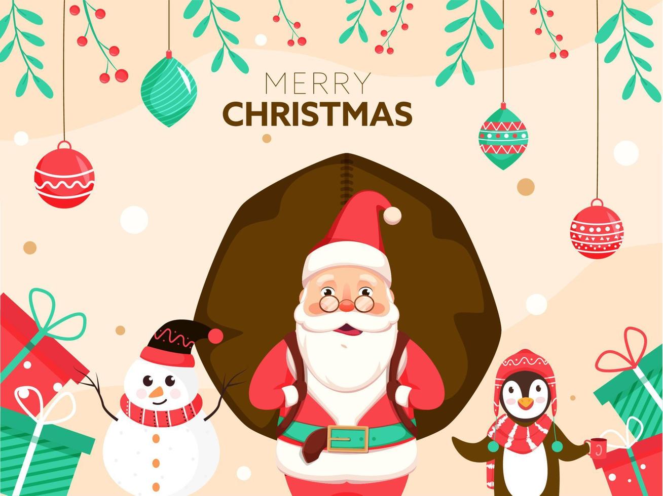 Illustration of Santa Claus Lifting a Heavy Sack with Cartoon Penguin, Snowman, Gift Boxes and Hanging Baubles Decorated Background for Merry Christmas. vector