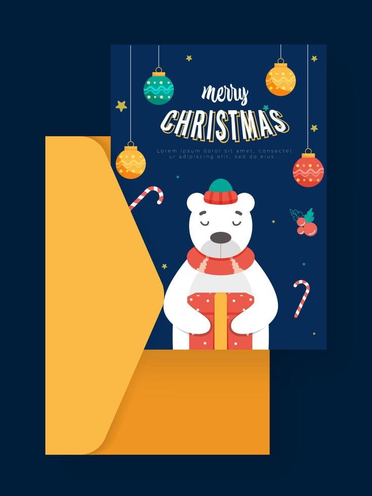 alegre Navidad saludo tarjeta en azul color con amarillo sobre. vector