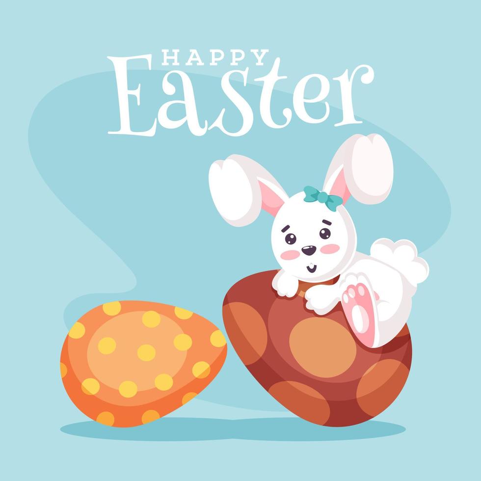 Happy Easter Celebration Poster Design with Printed Eggs and Cartoon Bunny on Blue Background. vector
