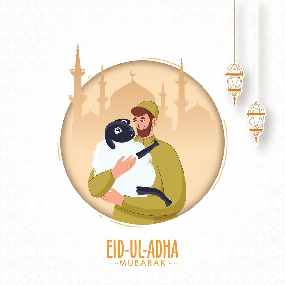 Muslim Man holding a Cartoon Sheep with Silhouette Mosque and Hanging Sticker Style Lanterns on White Arabic Pattern and Paper Cut Circle Shape Background. vector