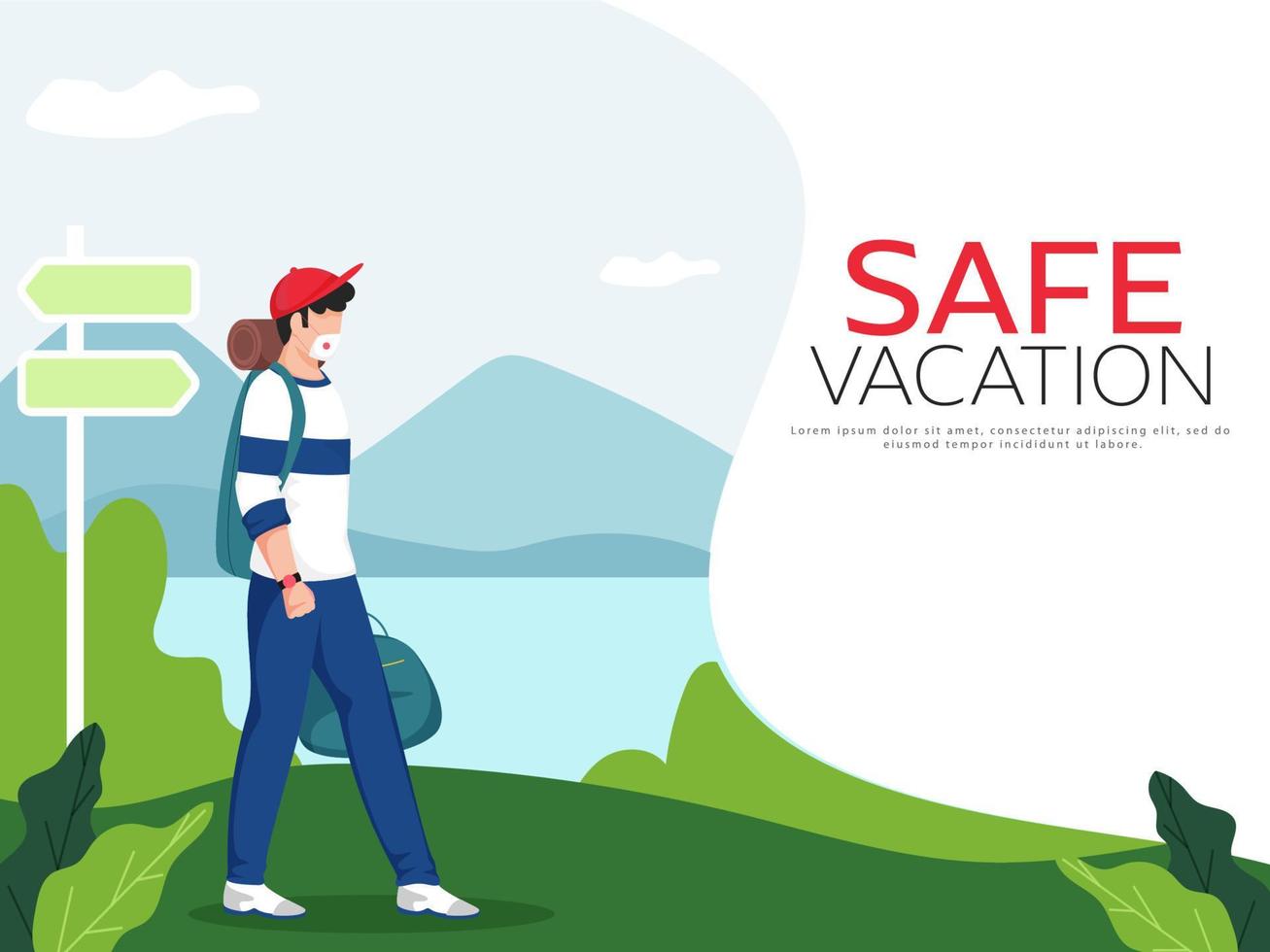 Tourist Man Wear Protective Mask and Signboard on Landscape Nature Background for Safe Vacation. vector