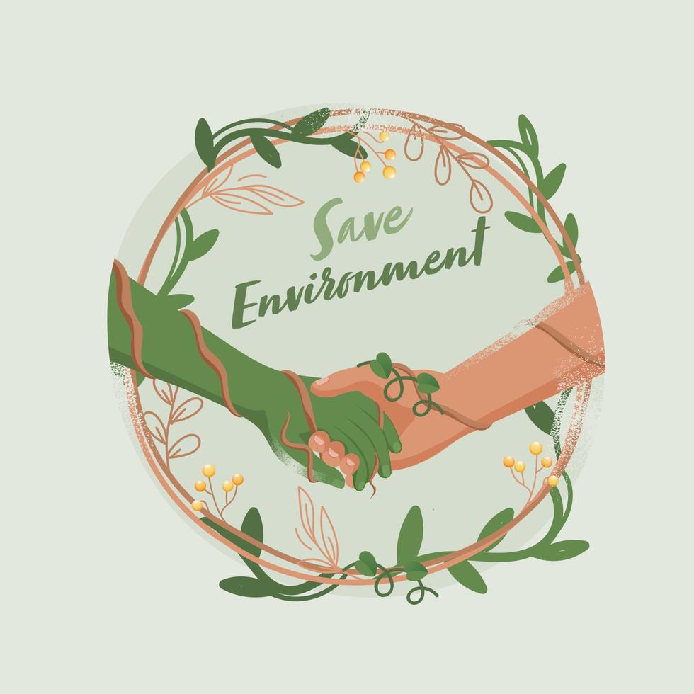 Handshaking Between Human and Nature Hand on Circle Vine Frame Decorated by Green Leaves with Berries for Save Environment Concept. vector