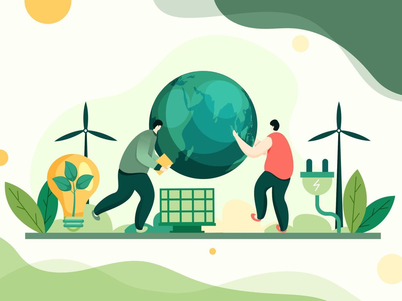 Illustration of Cartoon Men Character with Earth Globe, Eco Bulb, Solar Panel, Electric Plug and Windmills on Abstract Background. vector
