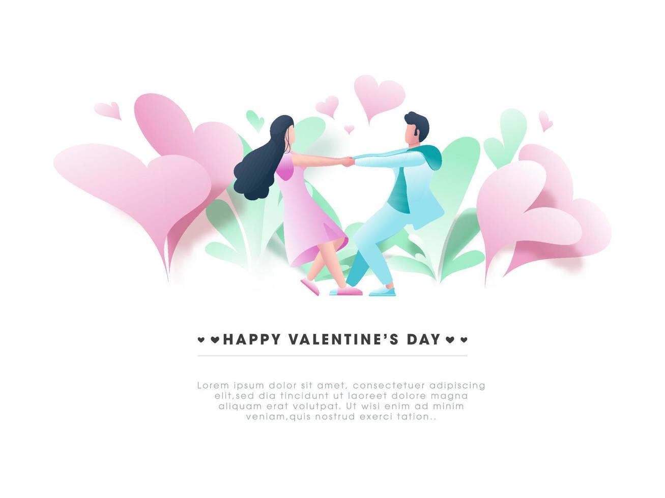 Faceless Young Couple Dancing with Holding Hands, Pink and Green Paper Hearts Decorated on White Background for Happy Valentine's Day. vector