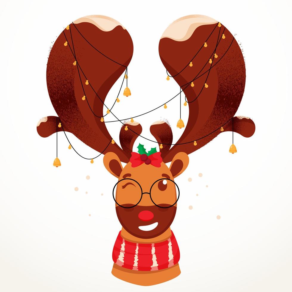 Cartoon Reindeer Face with Lighting Garland on White Background. vector
