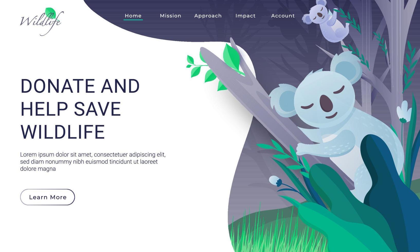 Landing Page Design with Two Koala Climbing Tree for Donate and Help Save Wildlife. vector