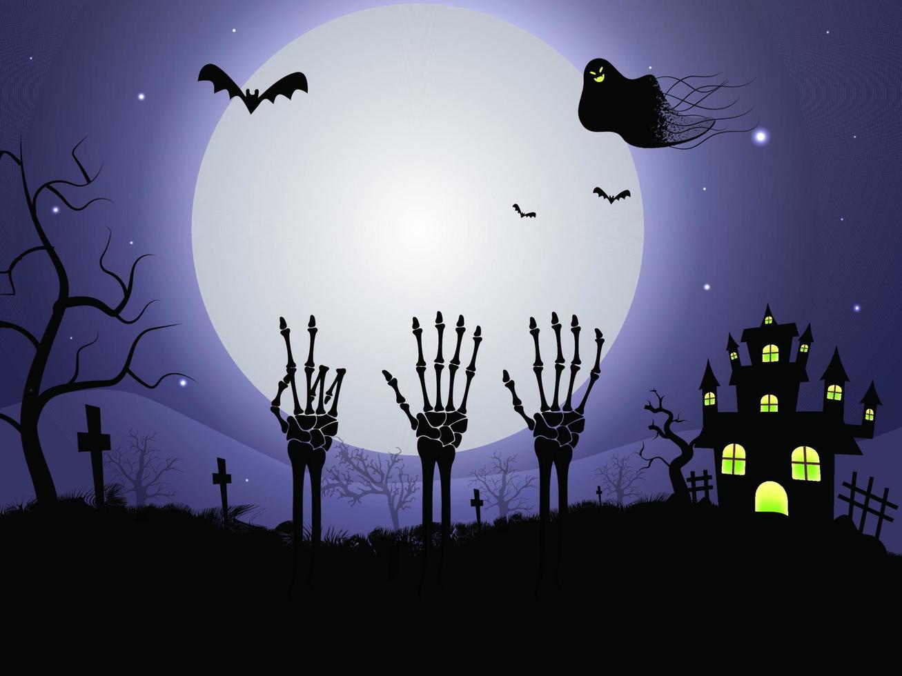 Full Moon Graveyard Background with Skeleton Hands, Ghost, Bats Flying and Haunted House for Halloween Party. vector