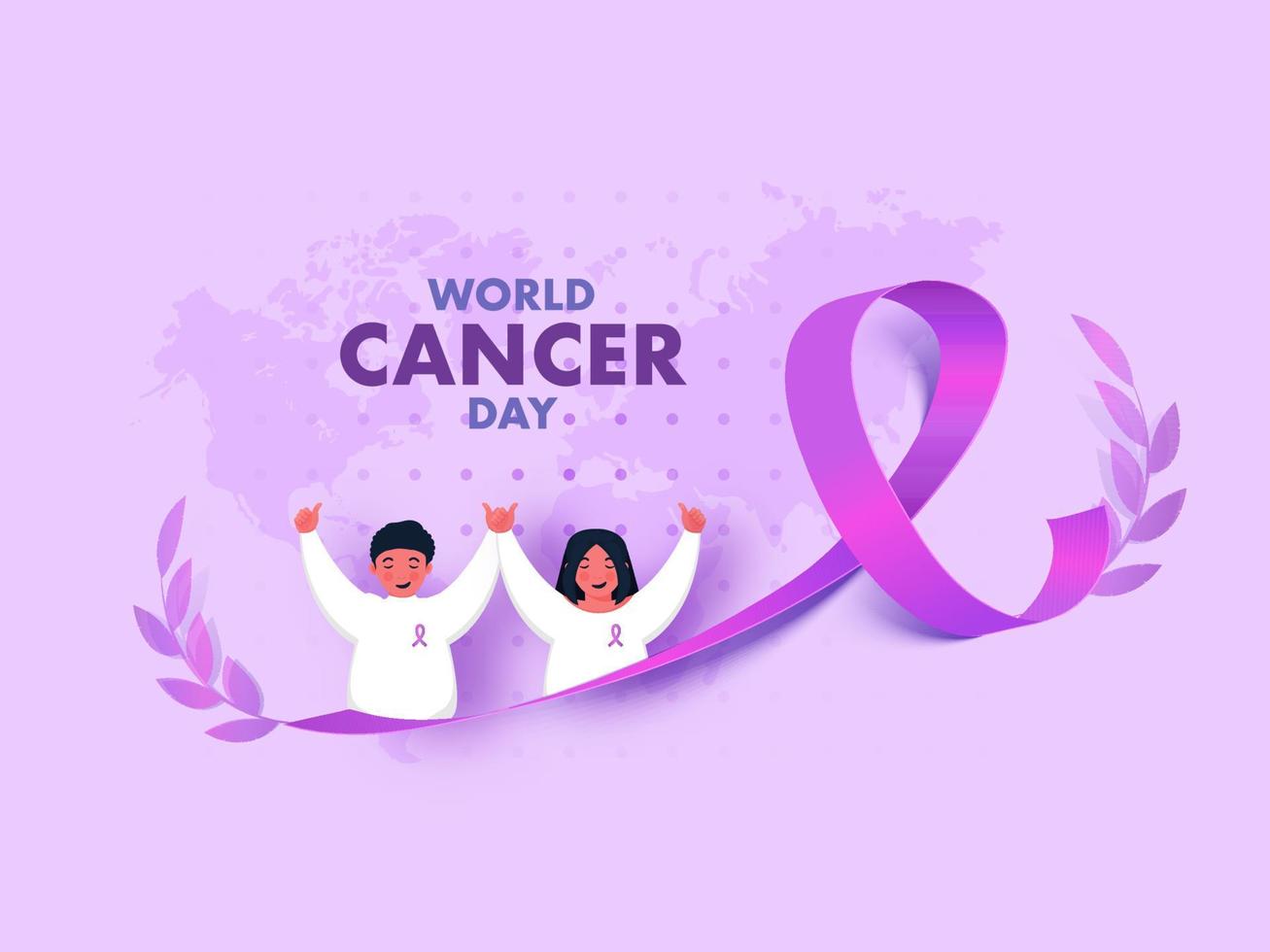 World Cancer Day Concept With Cross Awareness Ribbon, Cartoon Boy And Girl Showing Thumb Ups On Purple Background. vector