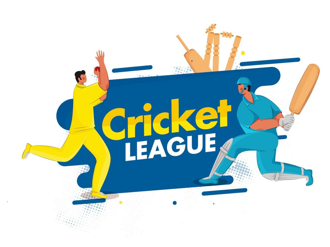 Cartoon Batsman and Bowler Character in Playing Pose on Blue and White Background for Cricket League. vector