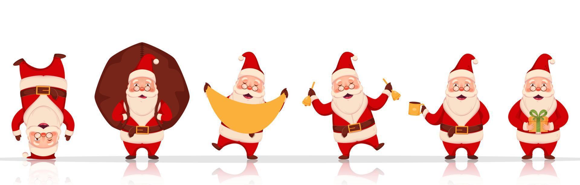 Cheerful Santa Claus Character in Different Poses with Heavy Sack, Gift Box and Jingle Bells on White Background. vector