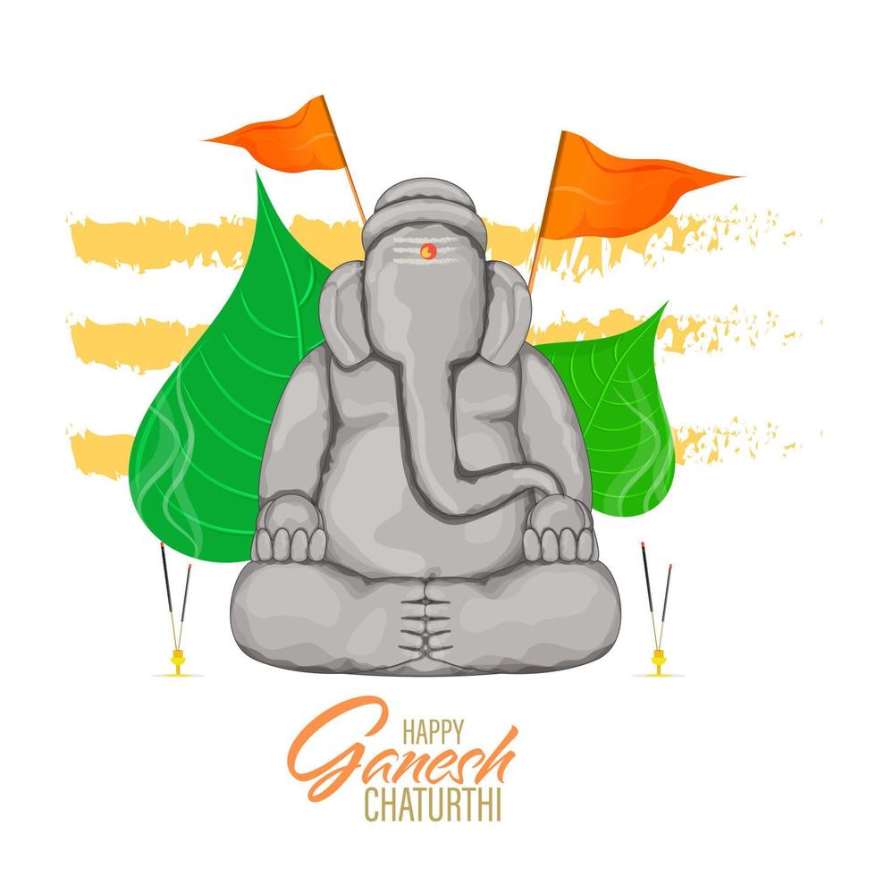 Sculpture Of Ganesha Made By Soil With Peepal Leaves, Flags And Incense Holder On White Background For Ganesh Chaturthi. vector