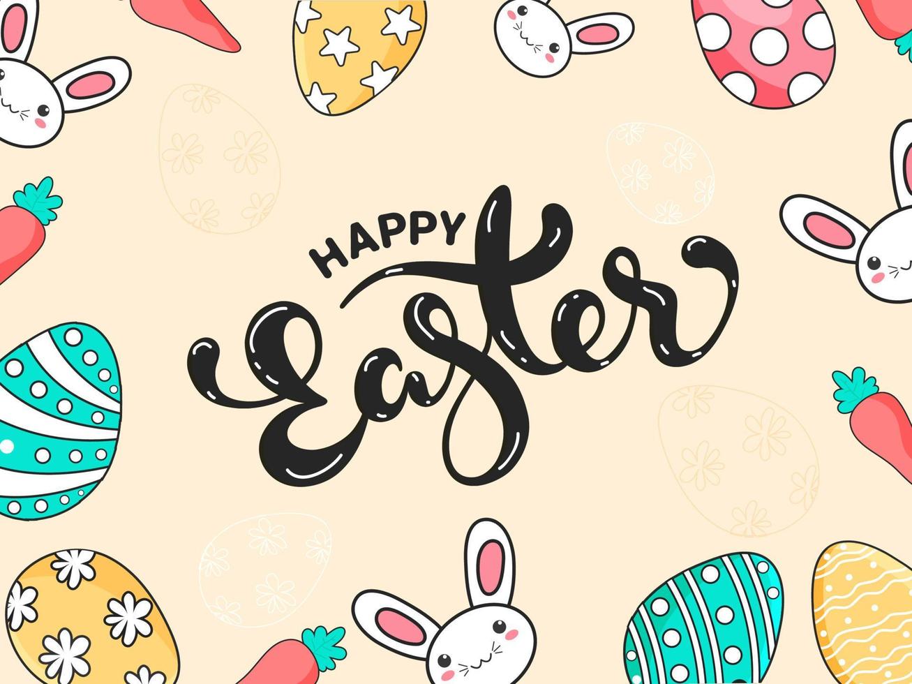 Happy Easter Calligraphy on Pastel Brown Background Decorated with Cartoon Bunny Face, Carrot and Painted Eggs. vector