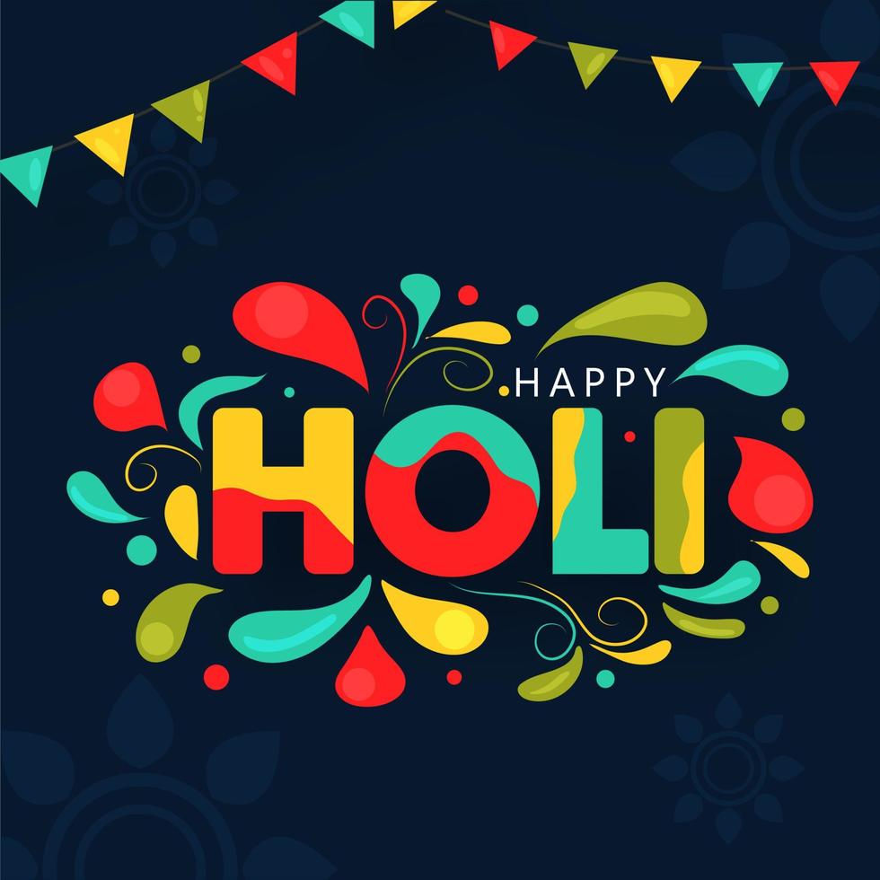 Colorful Arc Drops Decorated Happy Holi Text on Blue Mandala Background. vector