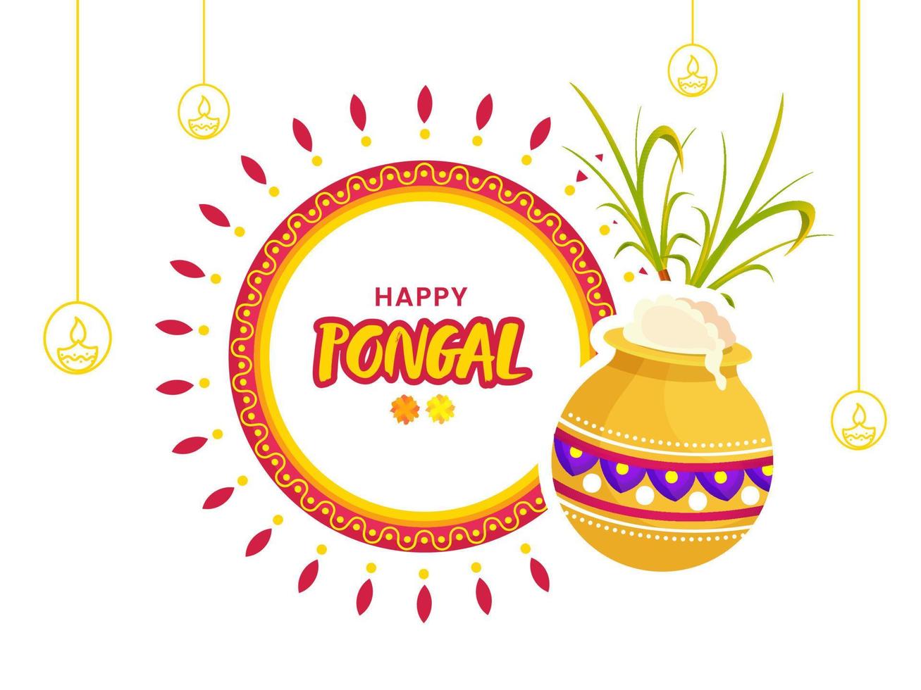 Happy Pongal Celebration Concept With Traditional Dish In Mud Pot And Sugarcane On White Mandala Pattern Background. vector