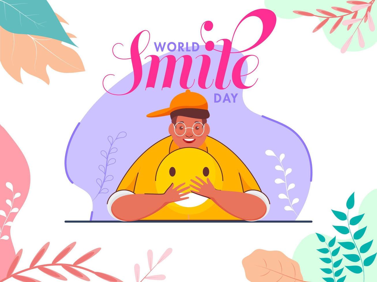 mundo sonrisa día póster diseño con joven hombre participación un sonriente emoji y vistoso hojas decorado en blanco antecedentes. vector