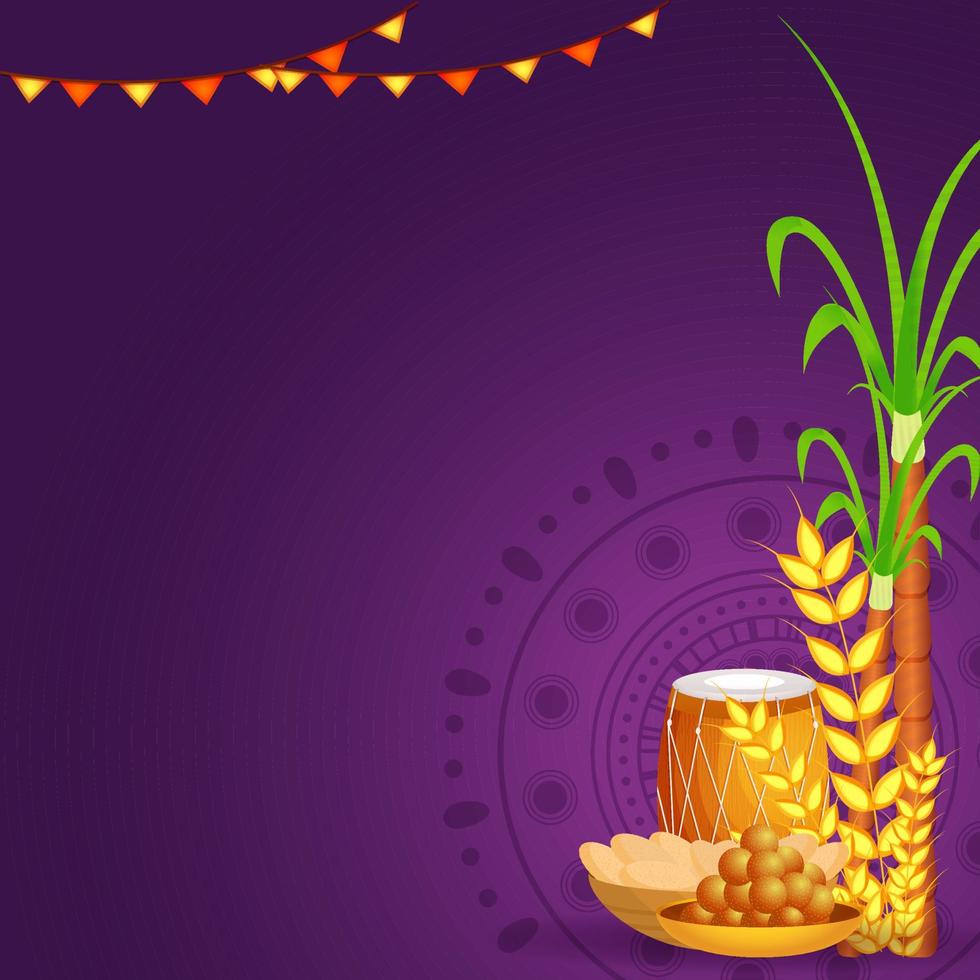 Illustration Of Dhol Instrument With Sugarcane, Wheat Ear, Sweet Bowls And Bunting Flag On Purple Background. vector