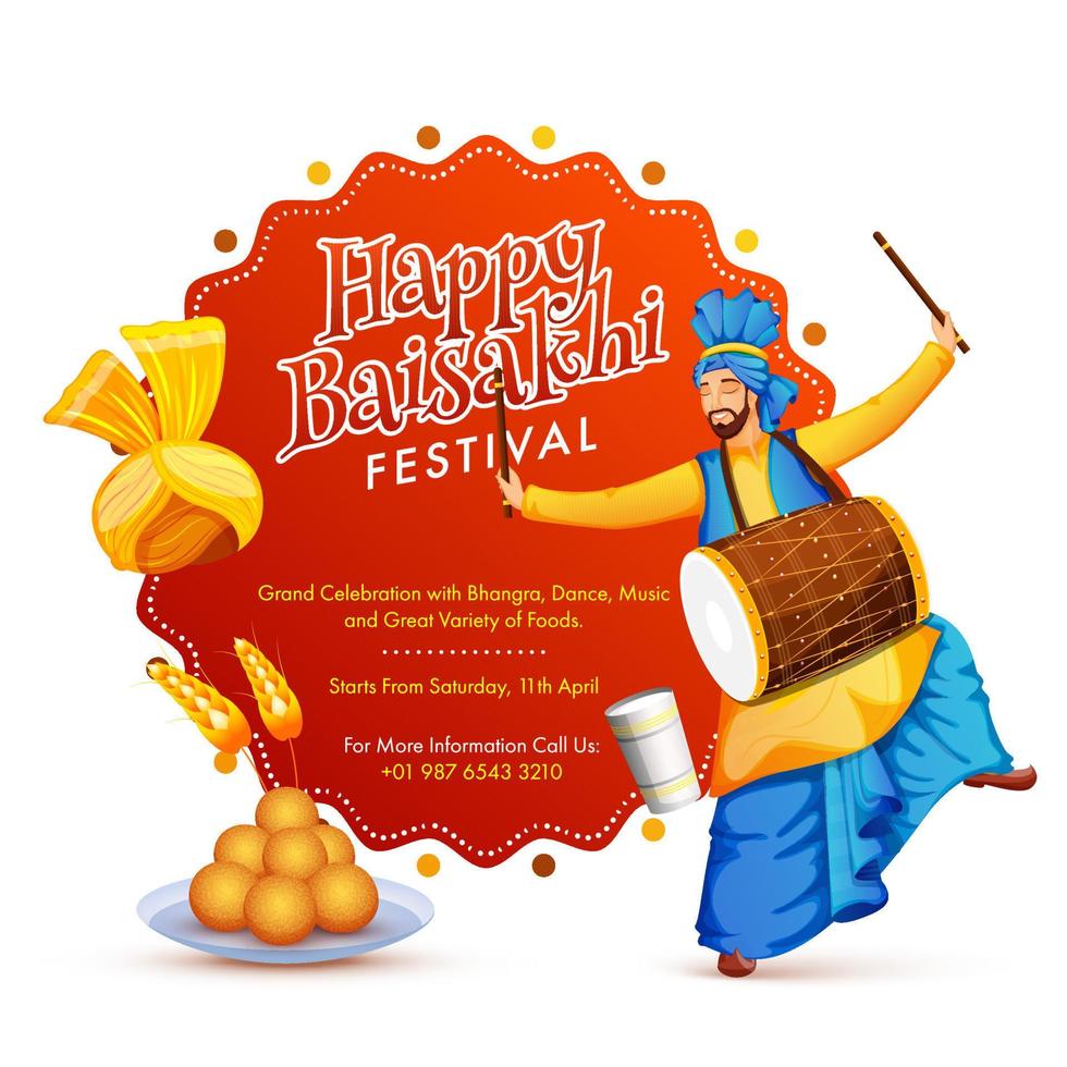Happy Baisakhi Festival Invitation Card with Punjabi Man Playing Dhol in Bhangra Pose, Turban, Wheat Ear and Indian Sweet on White Background. vector