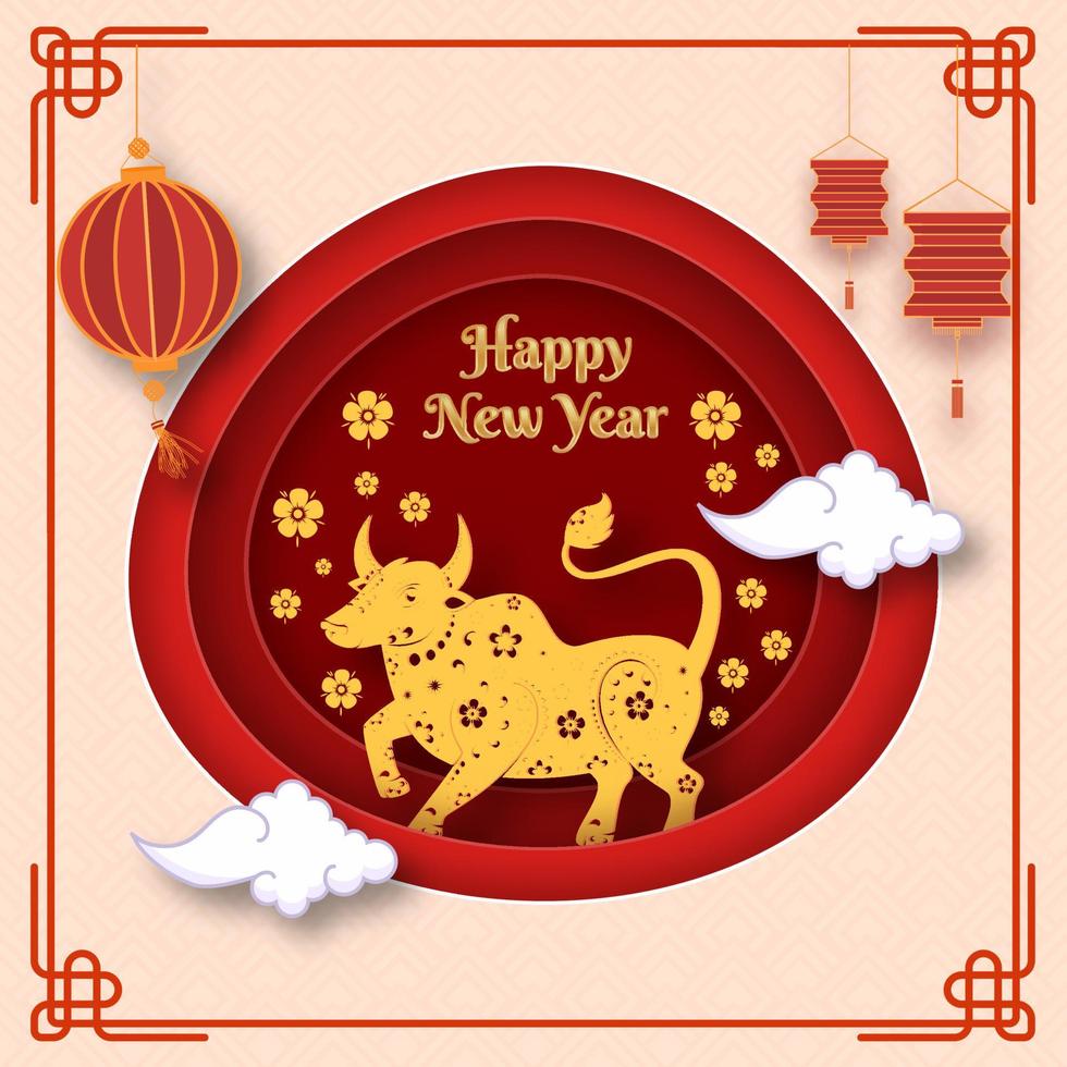 Paper Layer Cut Background with Golden Ox Zodiac Sign, Sakura Flowers, Clouds and Hanging Lanterns for Happy Chinese New Year. vector