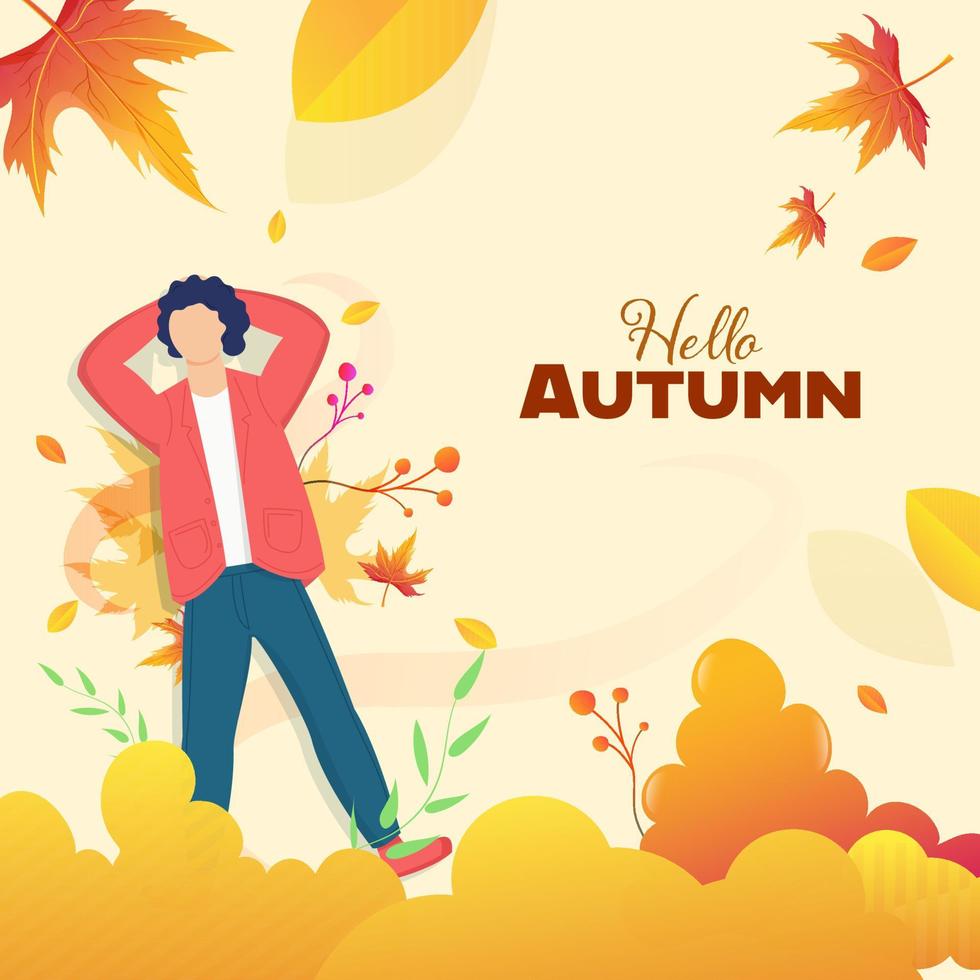 Hello Autumn Background With Faceless Young Boy Lying Down At Maple Leaves. vector