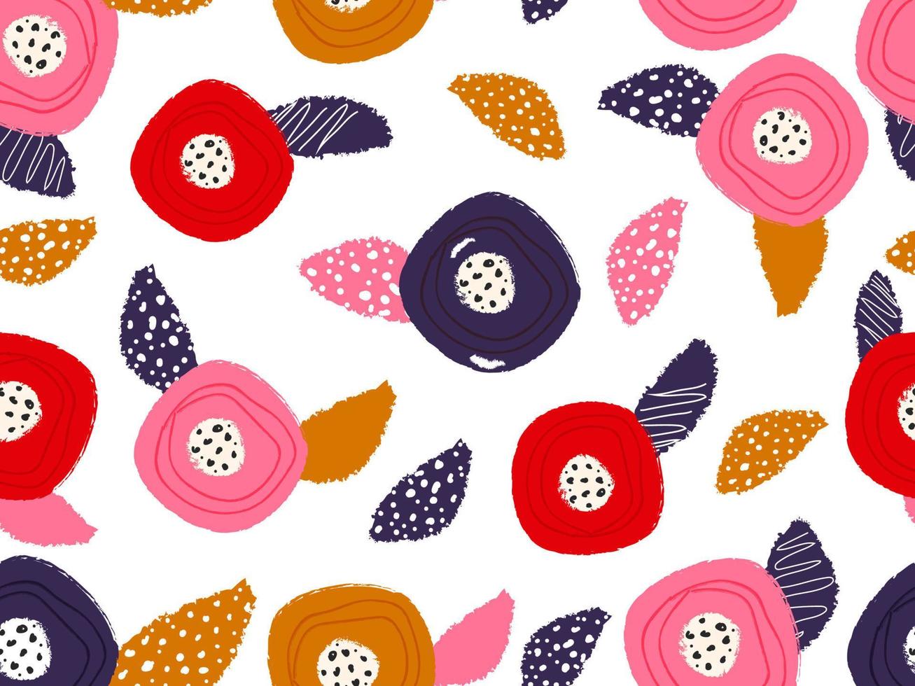 Seamless White Background Decorated with Colorful Flowers and Leaves in Brush Grunge Effect. vector